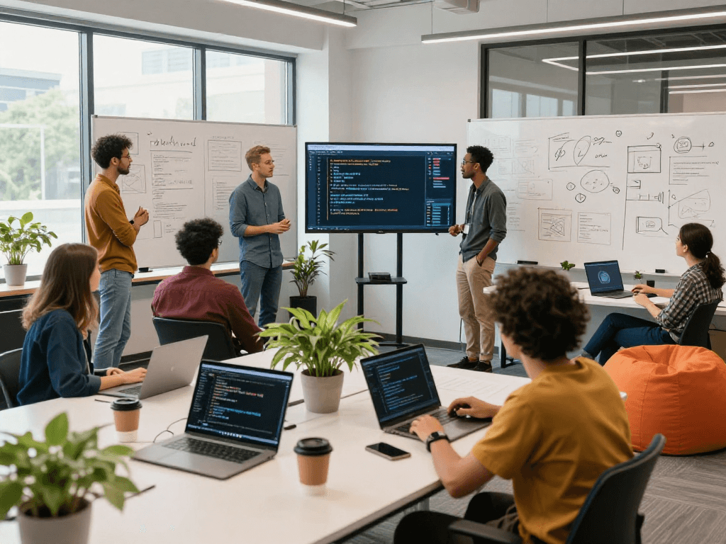 Dynamic tech team collaboration at net88 for innovative software solutions.