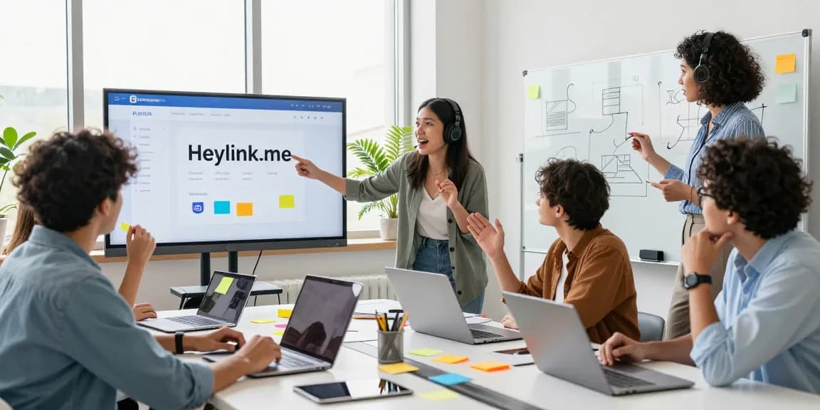 Tim kreatif mendiskusikan GEGESLOT di kantor modern dengan laptop dan papan tulis.