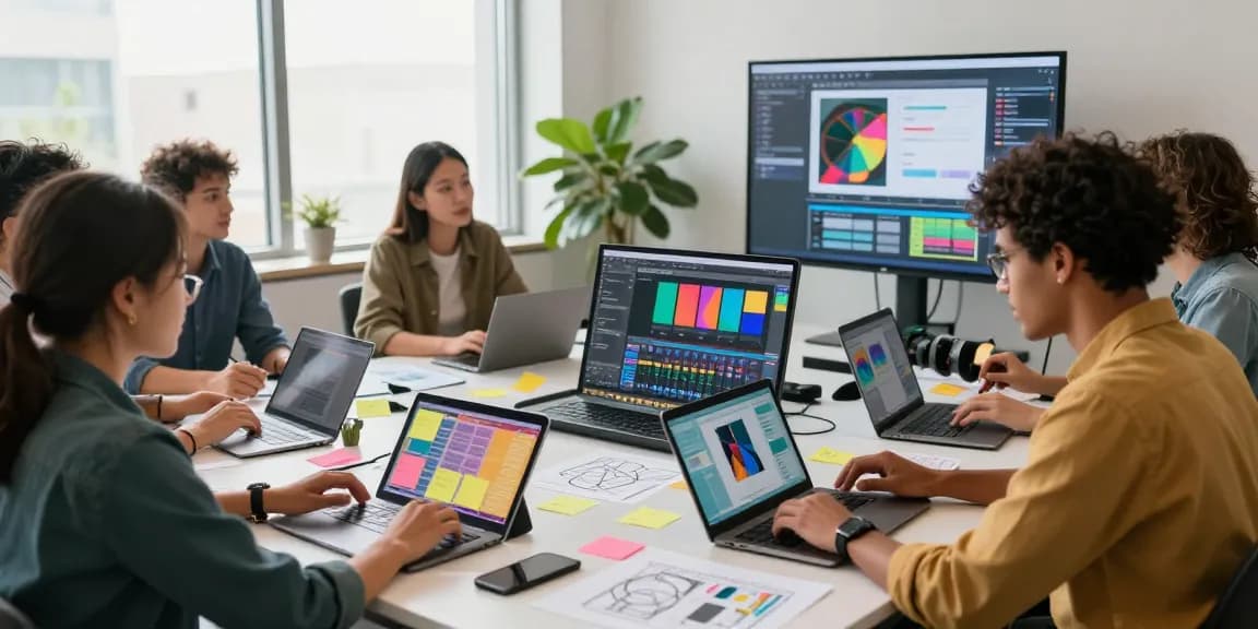Team collaborating on a digital mix board in a modern workspace for creative ideation.