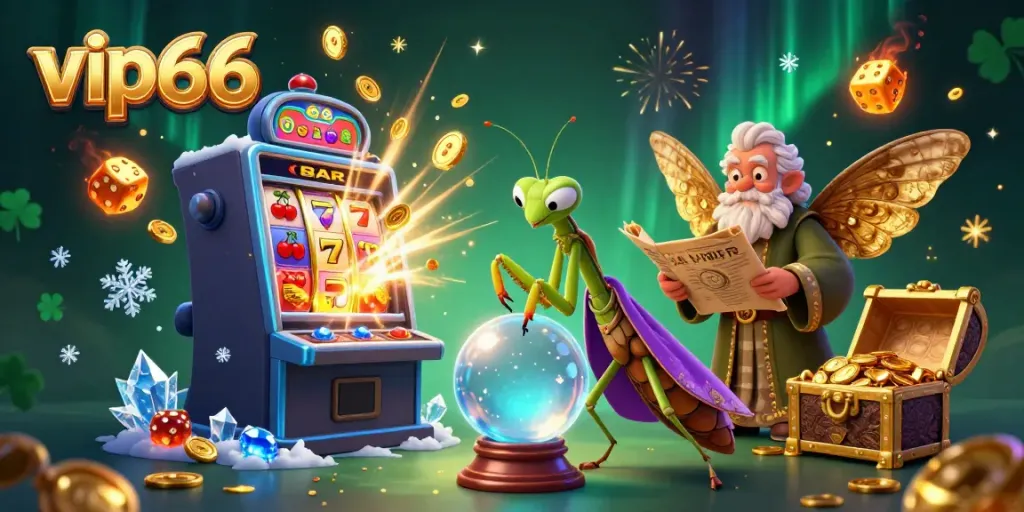 Experience thrilling wins at vip66 with a vibrant casino atmosphere, inspired by a magical illustration.