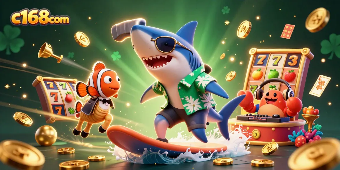 Experience thrilling wins at c168com with a festive scene of a shark surfer and slot elements.