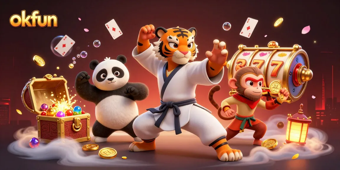 Experience thrilling adventures at okfun with a kung fu tiger and panda, amidst vibrant slots and treasure!