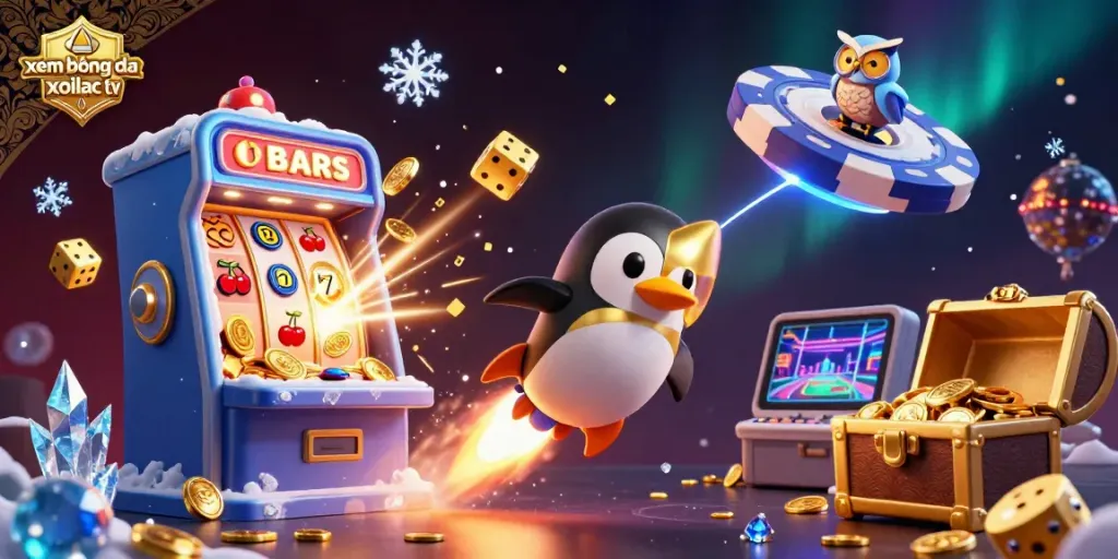Xem bóng đá xoilac tv illustrated scene with cartoon penguin, casino elements, and jackpot explosion