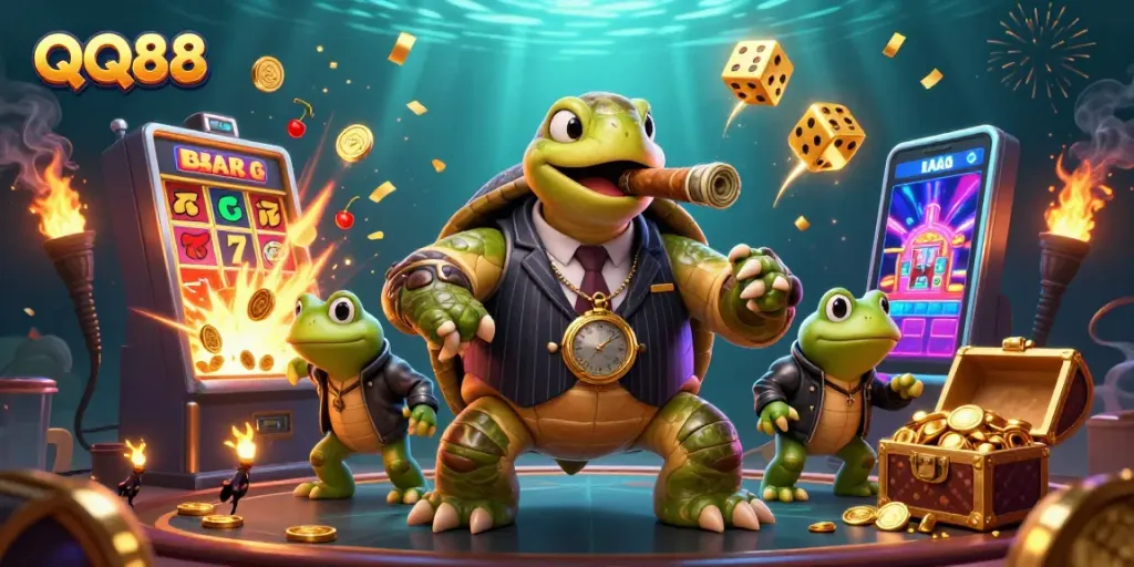 Experience thrilling slots at QQ88 with a dynamic casino scene featuring engaging characters and vibrant game elements.