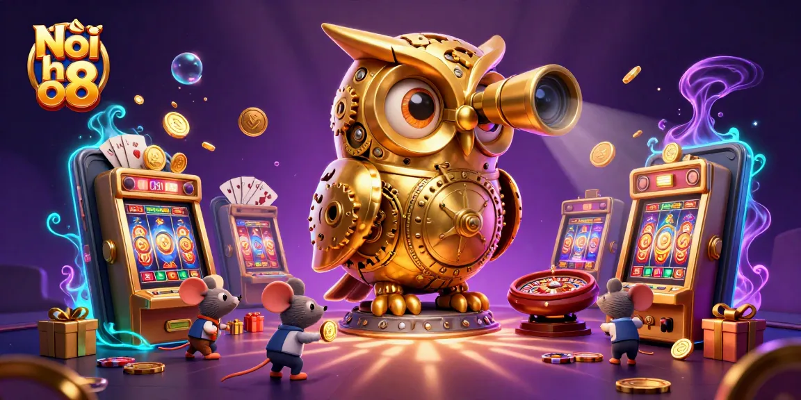 Nổi hũ o8 showcases a vibrant casino scene filled with golden owls and lively game elements, featuring exciting slot action.