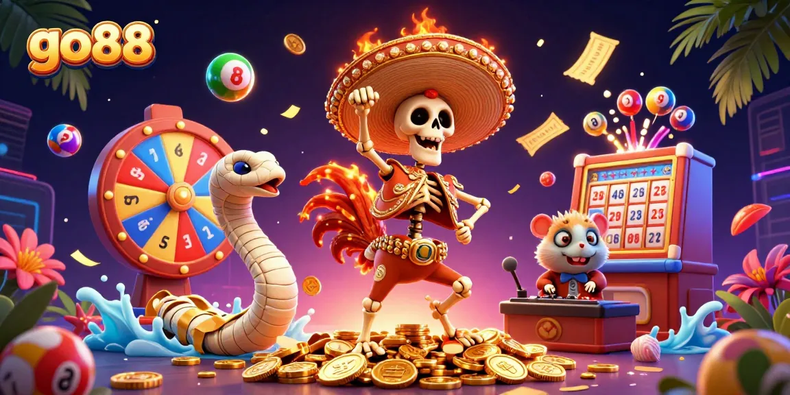 Go88 celebrates with animated characters on coins and game elements, capturing online casino excitement.