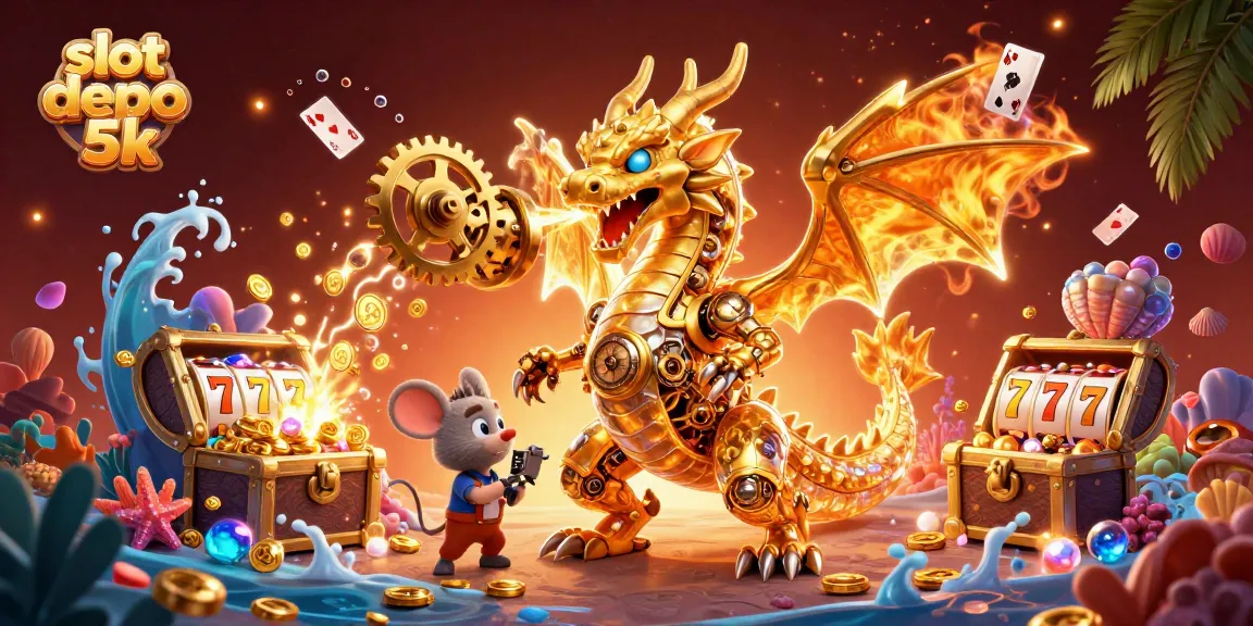 Engage with the vibrant scene showcasing slot depo 5k, featuring a dragon amidst treasure and slot machines.