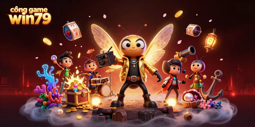 Experience cổng game win79 with a vibrant scene featuring a rock star cicada, underwater treasures, and glowing casino elements.