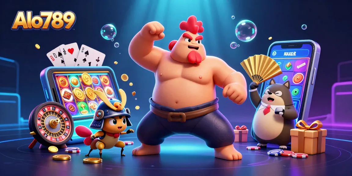 Alo789 features an enormous sumo rooster and fierce samurai cricket in a vibrant gambling scene.