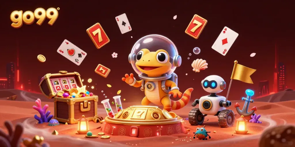 Spin and win on go99 with a cartoon Martian gecko exploring a golden casino on Mars.