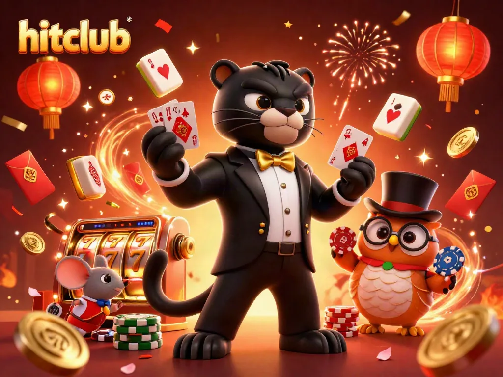 Hitclub gaming scene featuring a stylish panther dealing cards, lucky owl with poker chips, and a mouse among gaming elements.