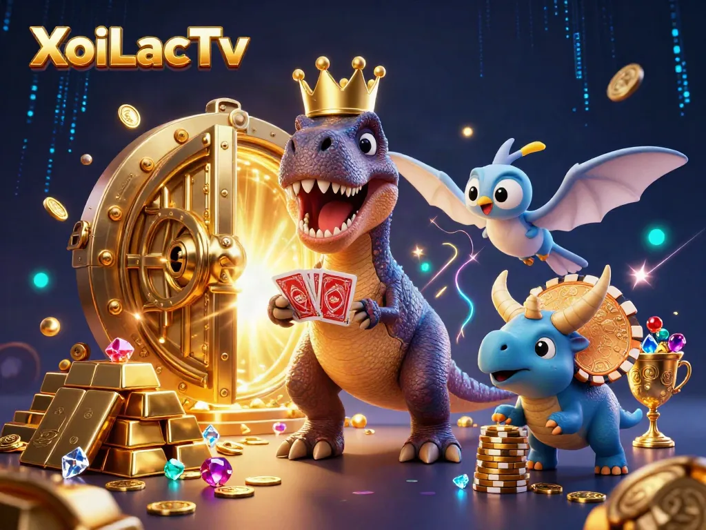 XoiLacTv showcases a dynamic scene with a T-Rex shuffling cards, a pterodactyl assisting, and a triceratops stacking chips amid shimmering treasures.