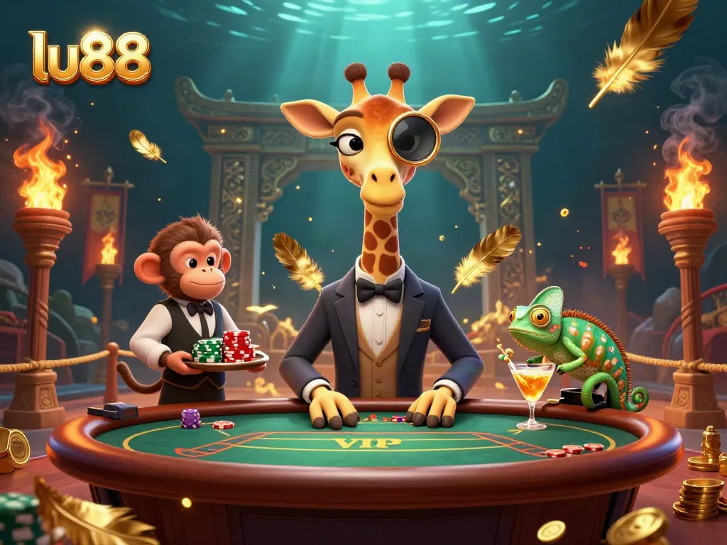 Experience vibrant gameplay at lu88 with a high-roller giraffe and a dynamic casino scene.