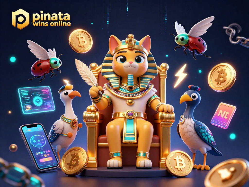 Engage with pinata wins online featuring a vibrant 3D illustration combining gaming visuals and crypto elements.