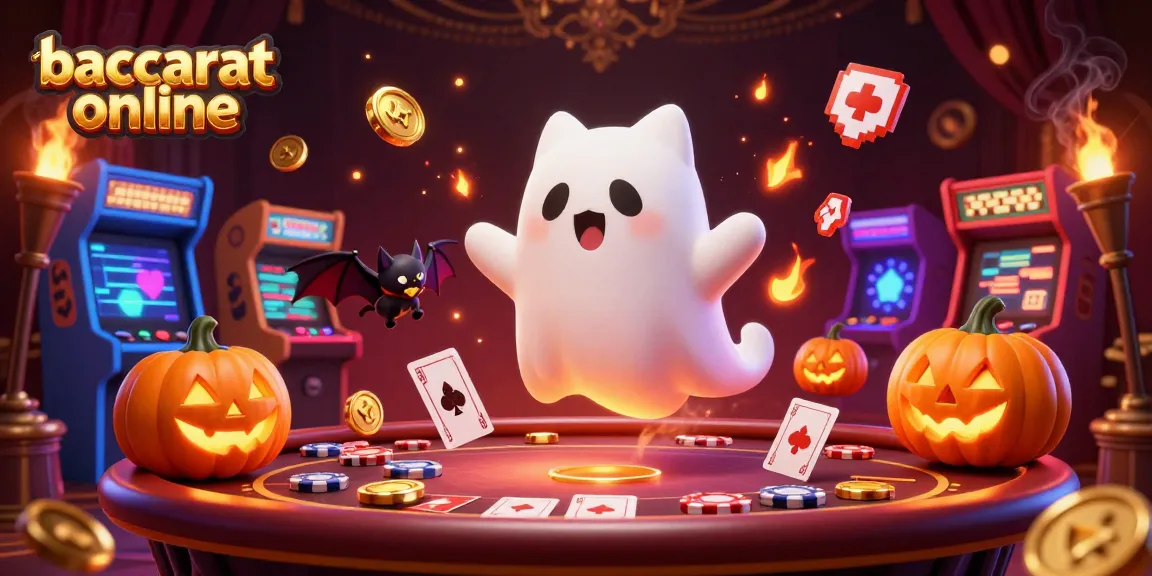 Experience baccarat online excitement with a friendly ghost cat and bat in a haunted casino scene.