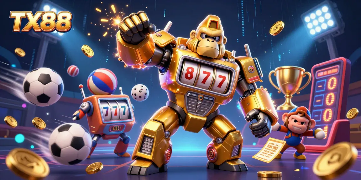 Experience the thrill of TX88 with our 3D illustration featuring a golden gorilla mech and dynamic sports elements.