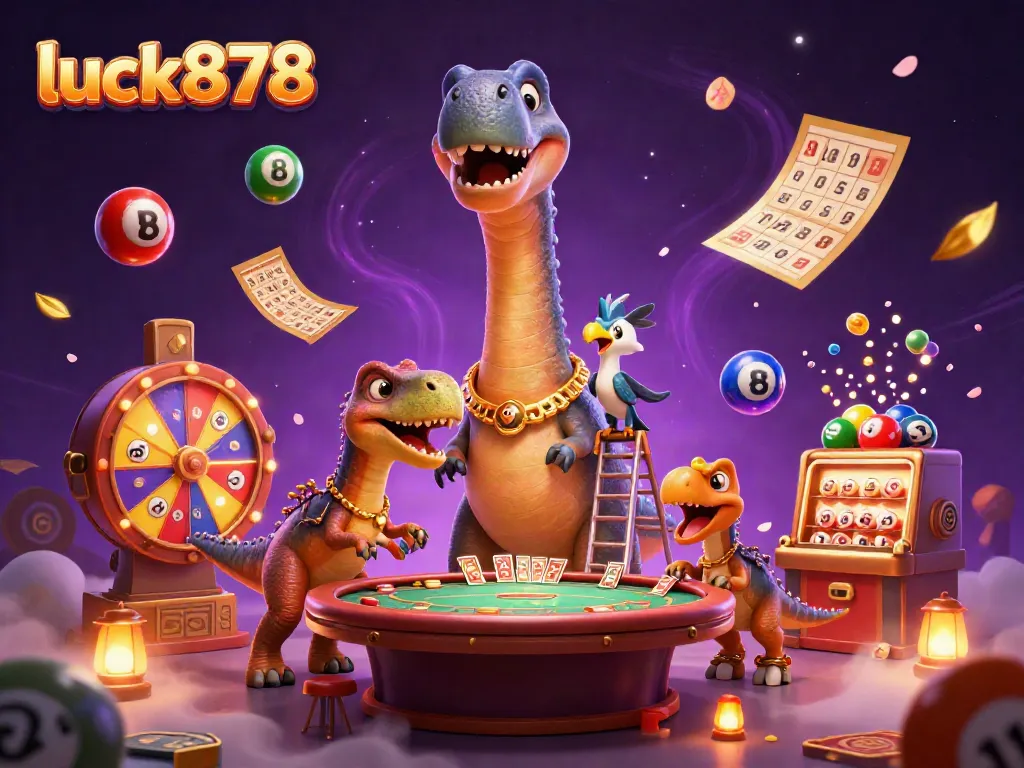Experience the excitement of luck878 with vibrant lottery elements and an engaging cartoon scene.