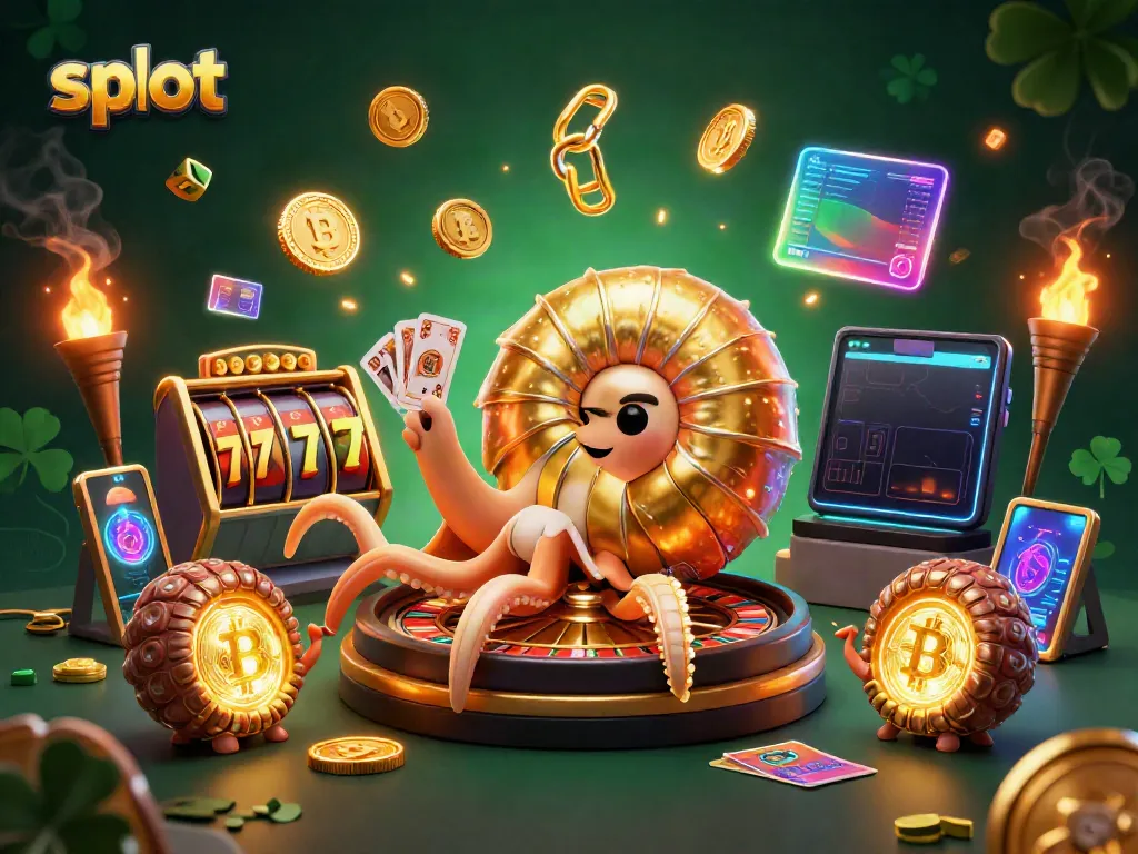 Spin the slot reels in this vibrant 3D scene featuring a nautilus holding playing cards with glowing crypto coins.