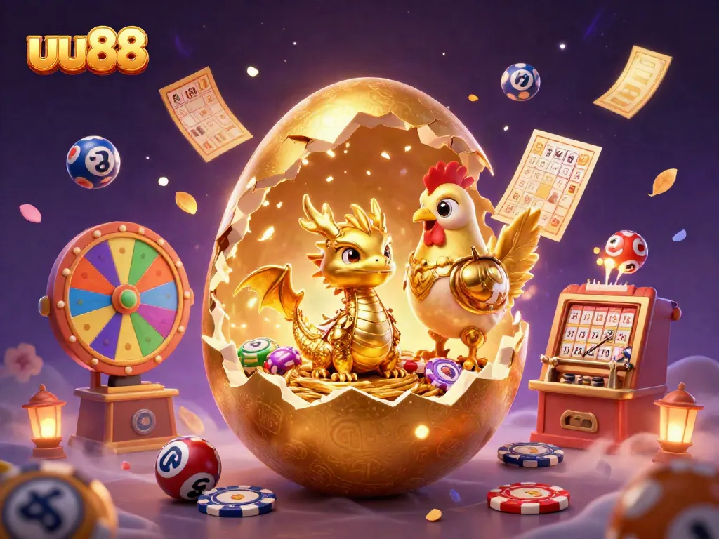 Join the thrill of online gaming with uu88, featuring a golden dragon amidst lively lottery elements in a vibrant casino scene.