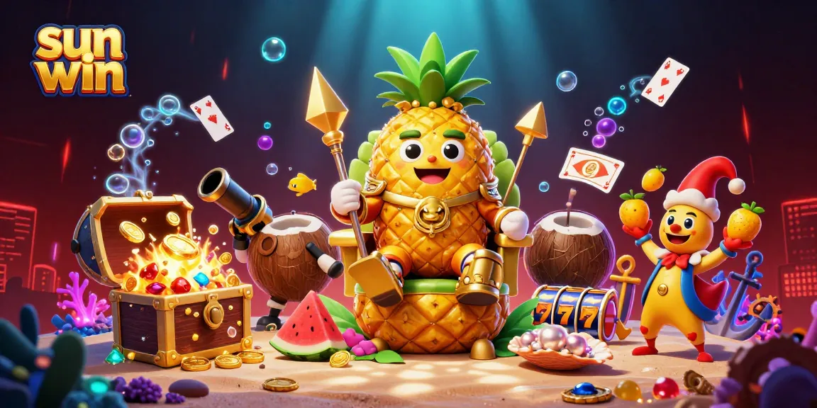 Engage with sun win slots action in an ultra-detailed 3D cartoon casino scene featuring a golden pineapple king.