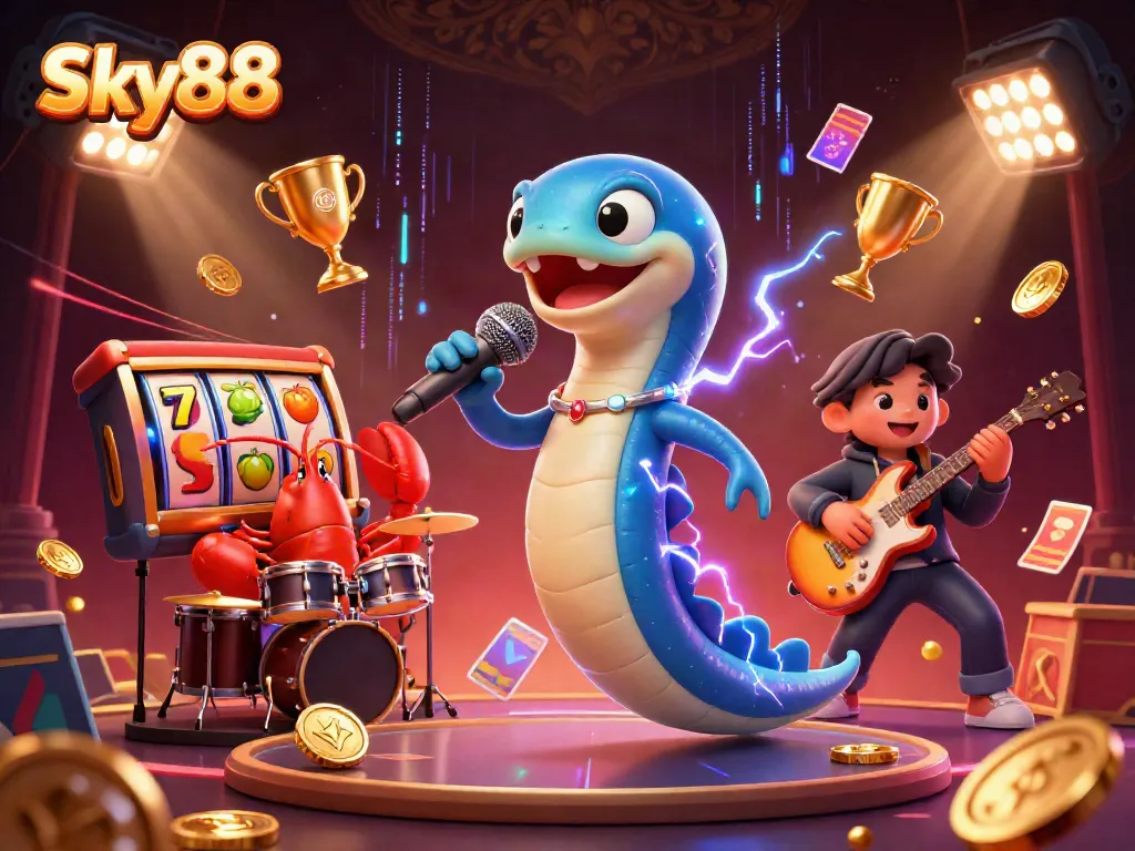 Sky88 presents a lively underwater casino scene featuring an electric eel DJ and vibrant gaming elements.