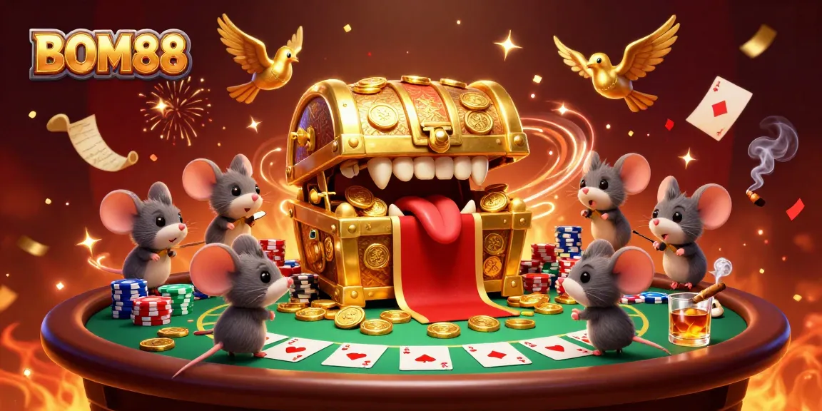 BOM88 welcomes players with a magical casino adventure featuring a golden treasure chest and poker joy.