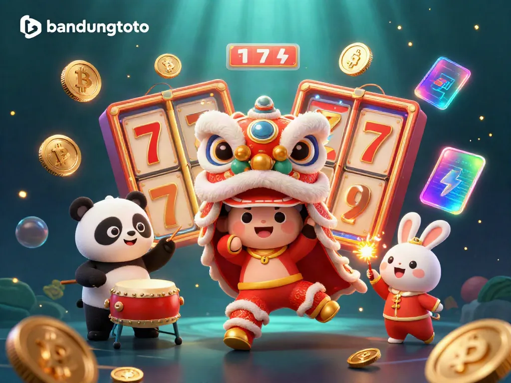 Experience the excitement of bandungtoto with a colorful 3D lion dance, surrounded by slot games and cryptocurrency elements.