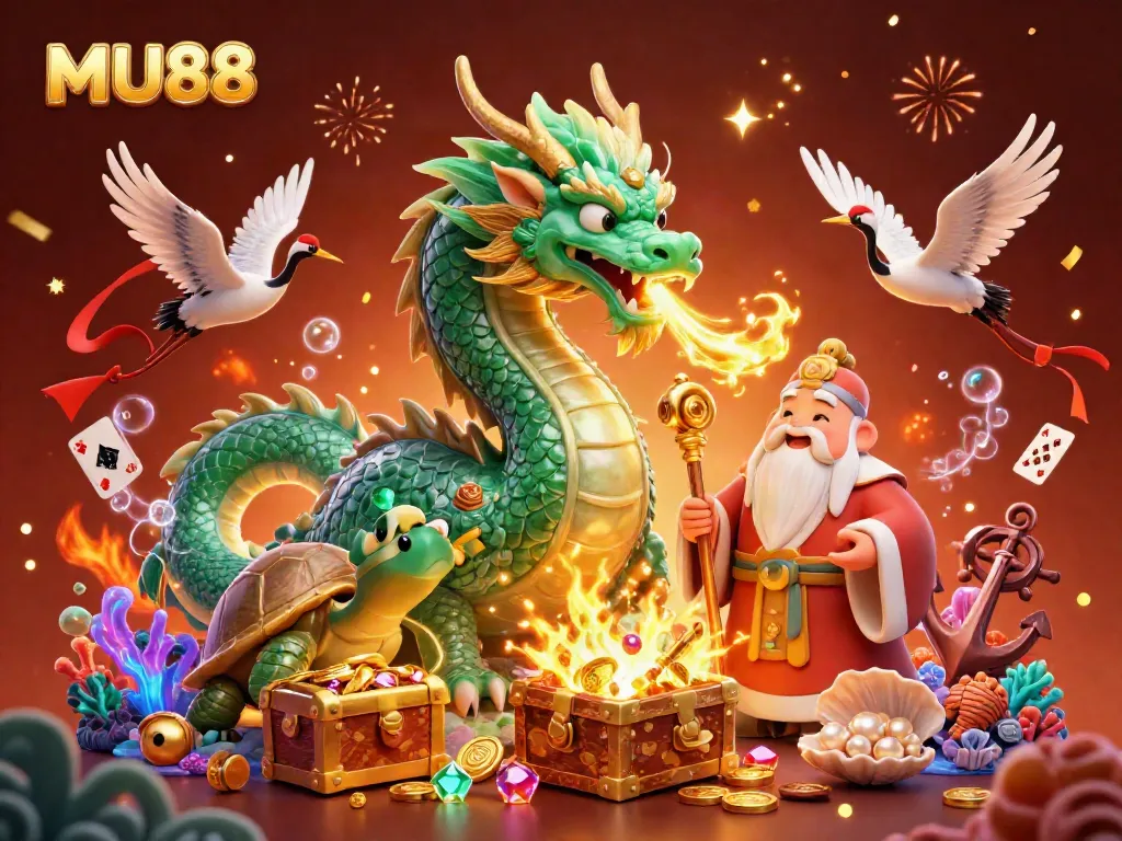 Experience thrilling action with MU88 in a vibrant 3D casino illustration filled with magical characters and treasures.