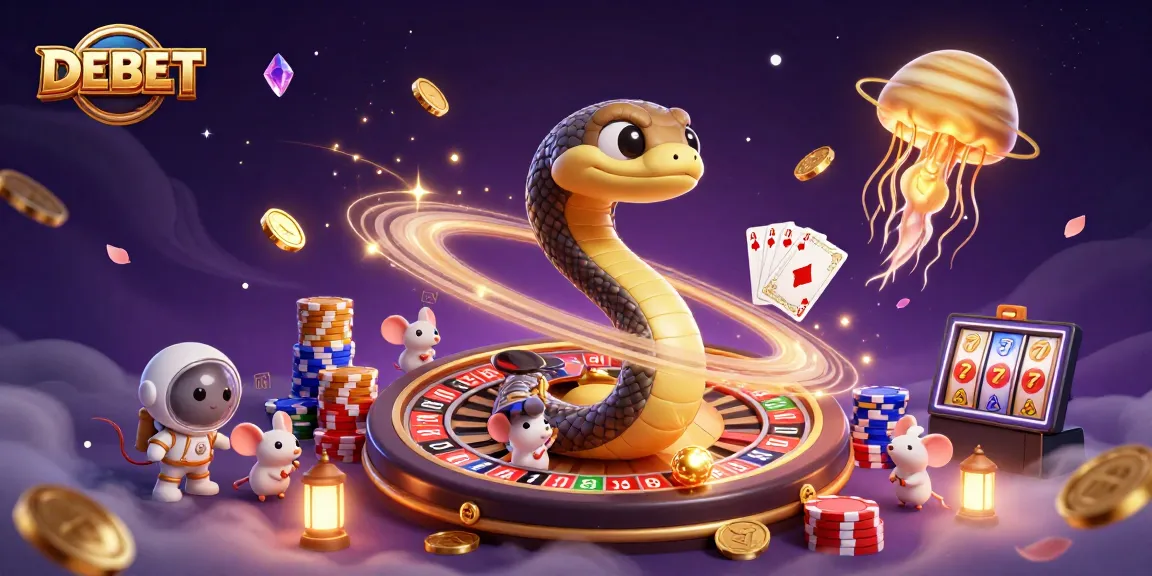 Bet on DEBET with cosmic casino elements and vibrant gaming action.