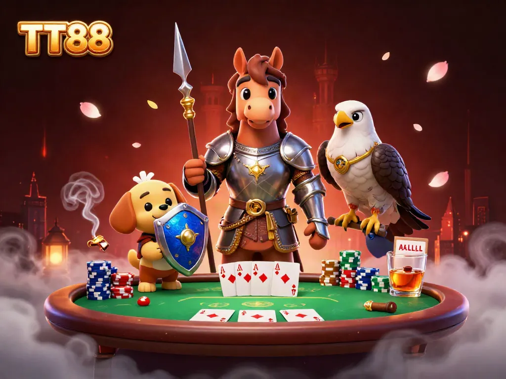 Engage with TT88's magical atmosphere featuring knights, poker elements, and dynamic casino action.