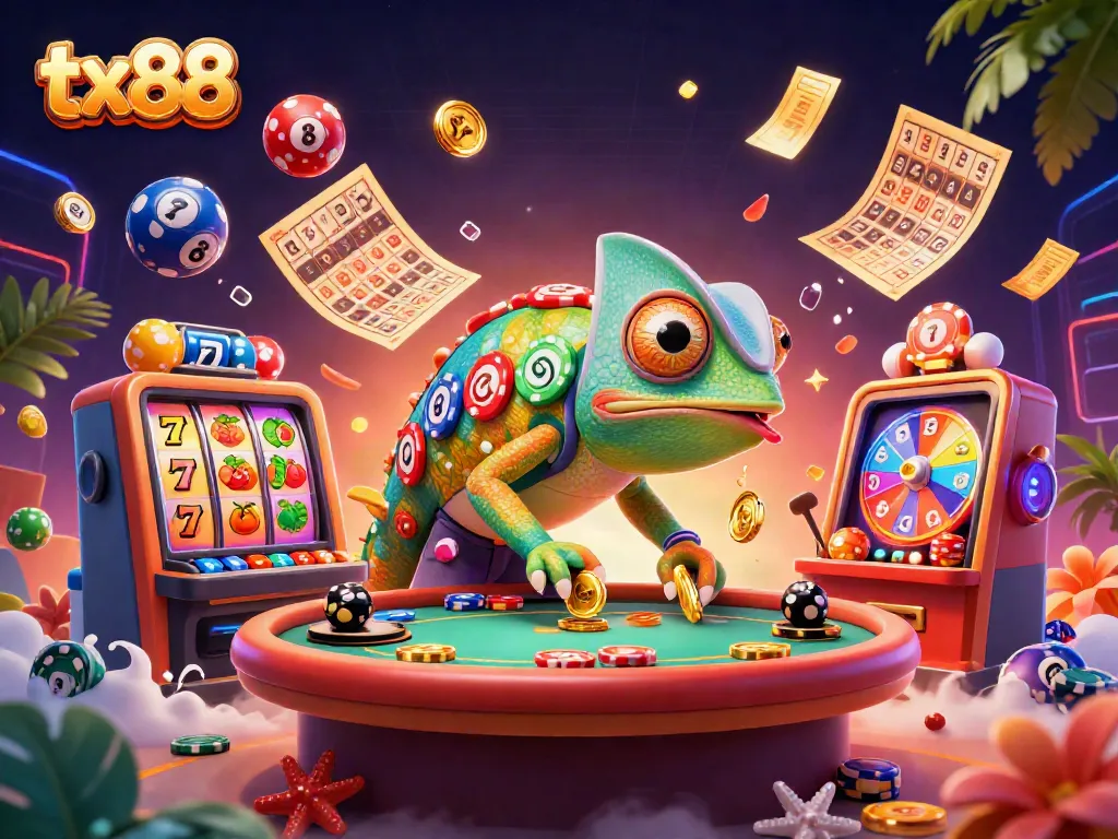 Experience vibrant gaming at tx88 with a colorful chameleon watching over slot reels.