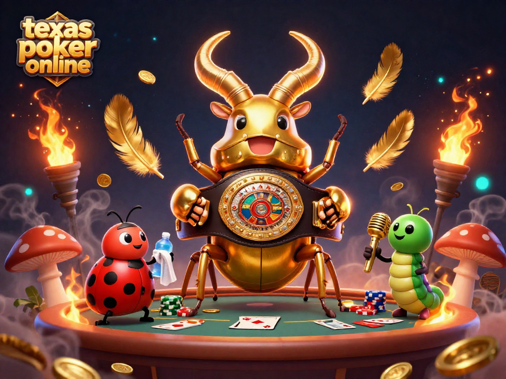 Engage in thrilling action with texas poker online as a golden stag beetle faces off in an intense poker showdown.