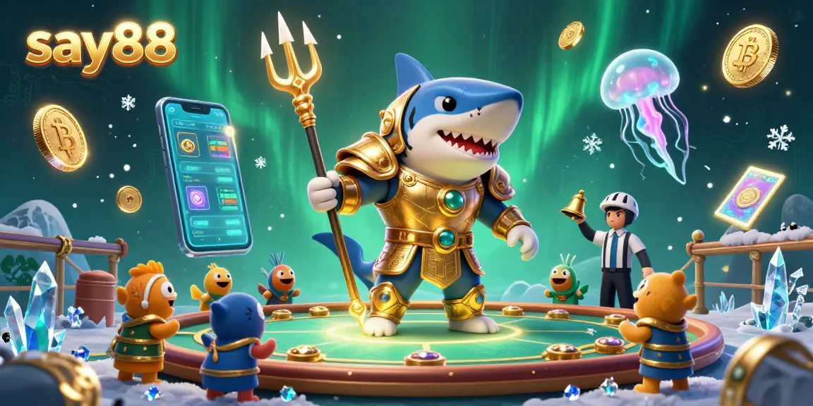 Experience thrilling gameplay at say88 with this vibrant 3D undersea gambling scene featuring a shark gladiator.