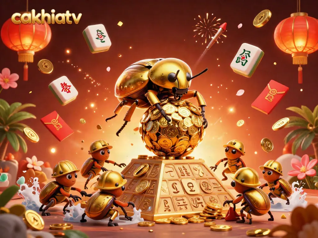 Cakhiatv brings excitement with a golden dung beetle rolling coins in a vibrant casino scene.