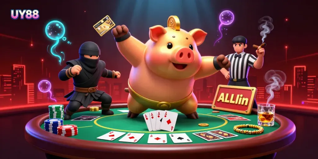 Experience the thrill of UY88 with a lively 3D casino scene featuring a golden piggy bank sumo wrestler among vibrant poker elements.