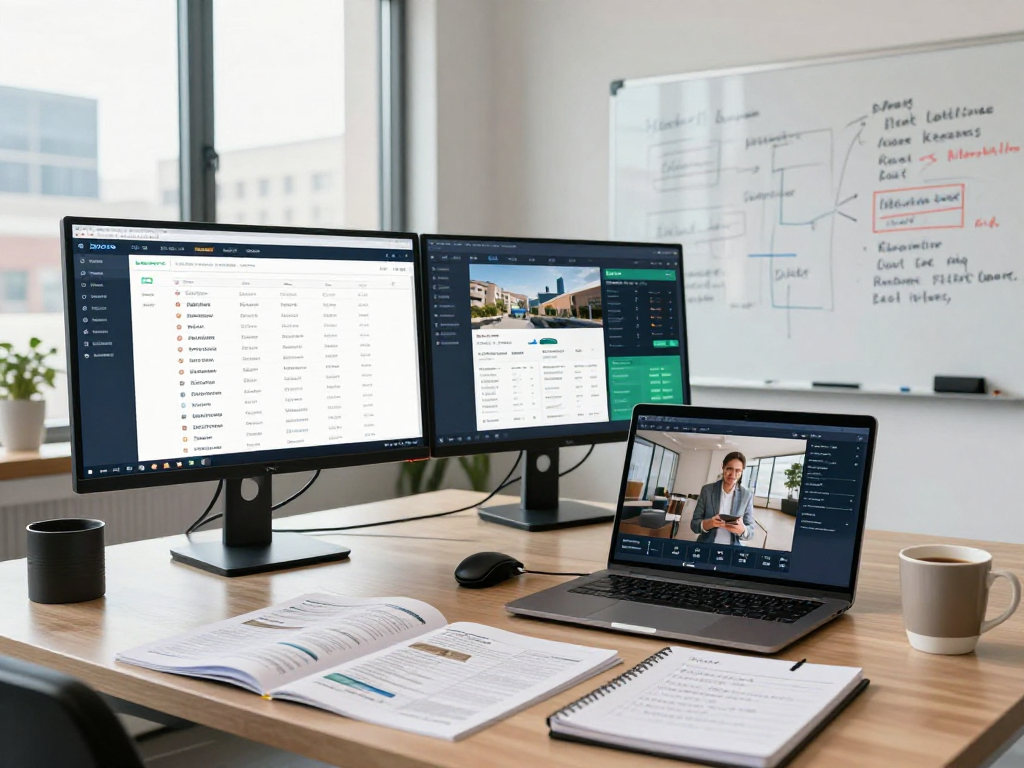 IDXSTAR interface displayed on monitors in a modern real estate office with market analytics and property brochures, enhancing client engagement.