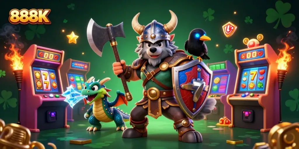 Engage with the vibrant 888K scene featuring a warrior and dragon amidst casino slots.
