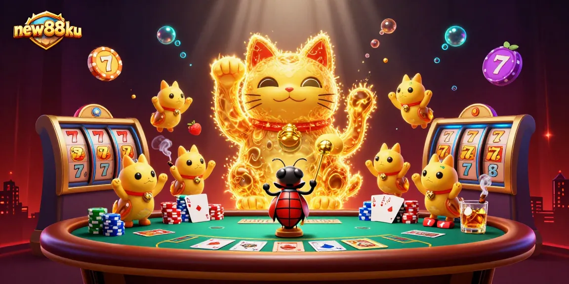 Catch the action at new88ku with golden fireflies and a lucky cat amid vibrant casino symbols.