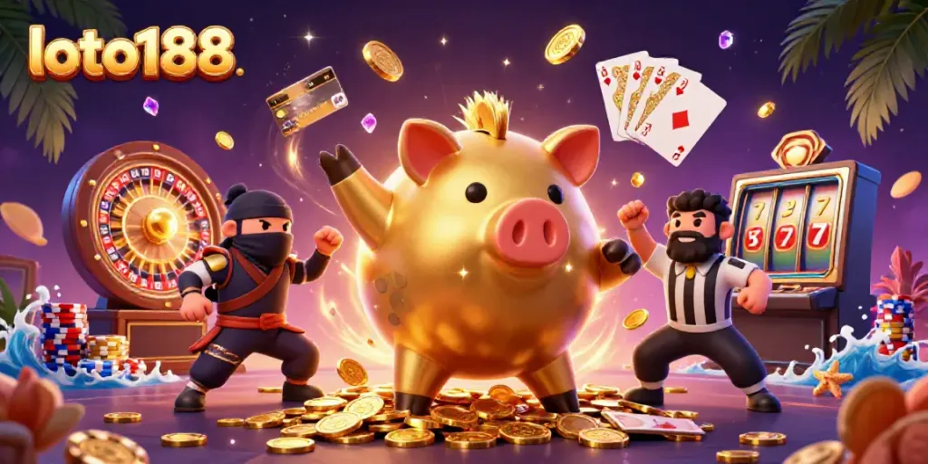 Engage with loto188 through a vibrant 3D casino scene showcasing a sumo wrestler piggy bank and exciting game elements.