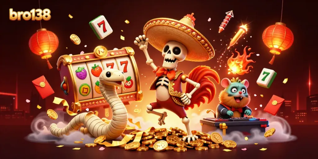 bro138's festive casino illustration features a lively rooster and characters surrounded by vibrant slot elements and decorative items