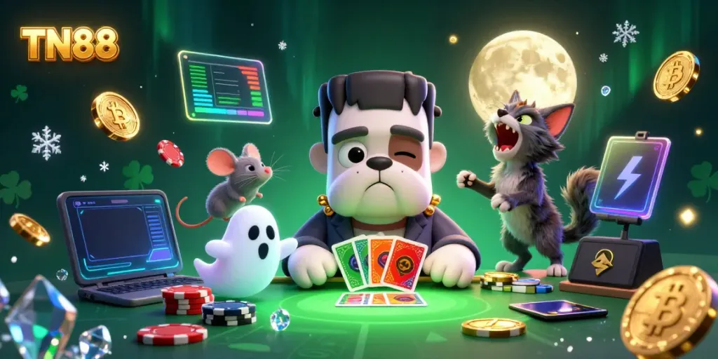 Engage in thrilling gameplay with TN88 as a Frankenstein bulldog deals cards amidst spooky casino elements.