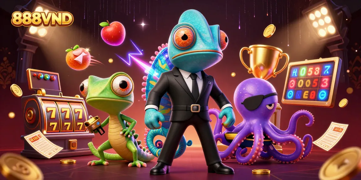 Engage with 888VND's exciting slot game elements featuring a colorful 3D cartoon scene and characters in action.