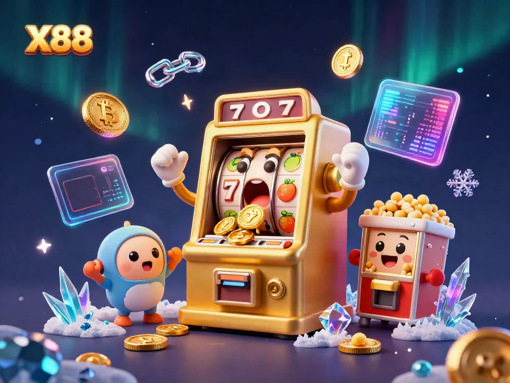 X88 slot machine hitting jackpots, glowing coins, and cartoon characters celebrating in 3D illustration.