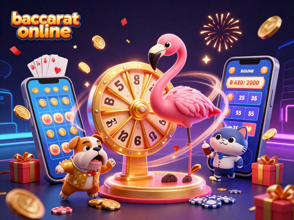 Baccarat online scene featuring a flamingo game show host, excited bulldog player, and cat assistant celebrating wins.