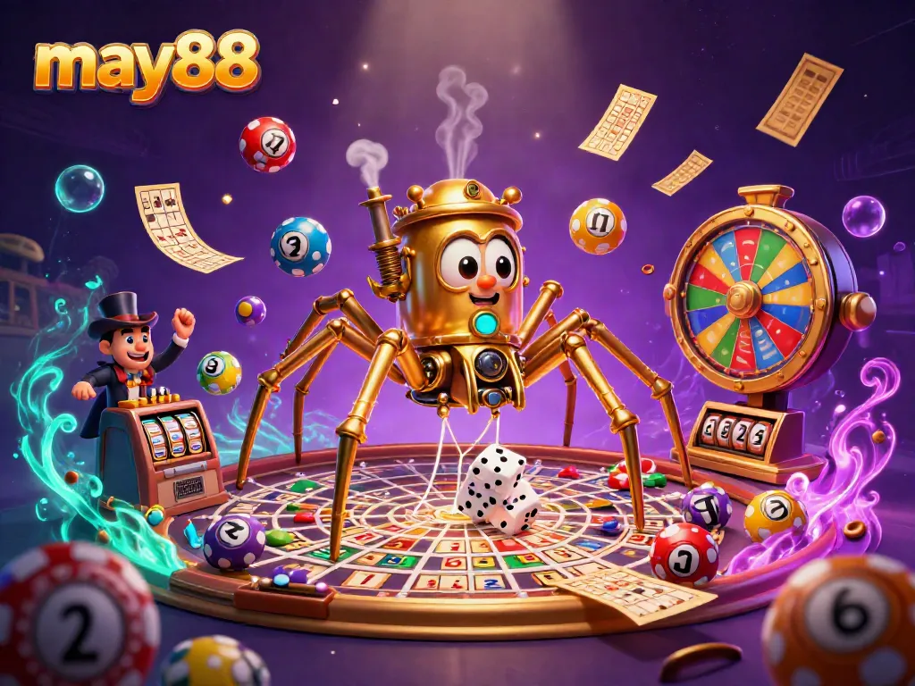 Experience the thrill of may88 with a steampunk spider and a Victorian gentleman amidst dynamic casino games.