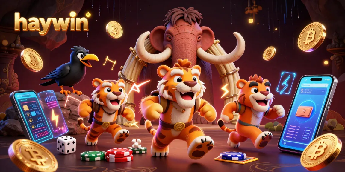 Experience haywin's thrilling casino action with a vibrant 3D scene of cavemen and neon elements.