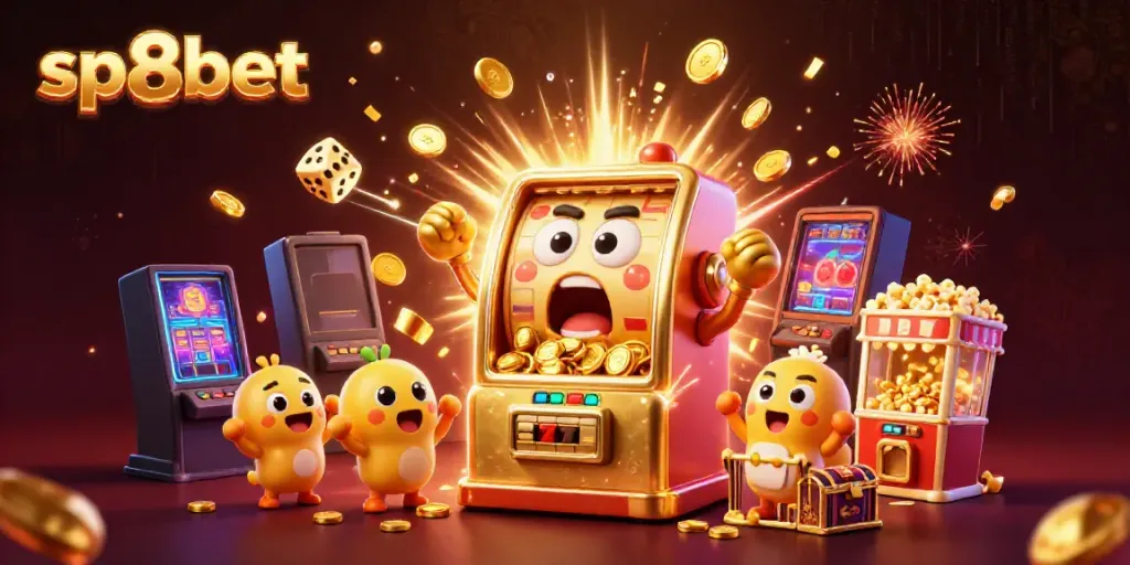 Experience the joy of sp8bet's slot machines winning big with vibrant animations and engaging casino elements.
