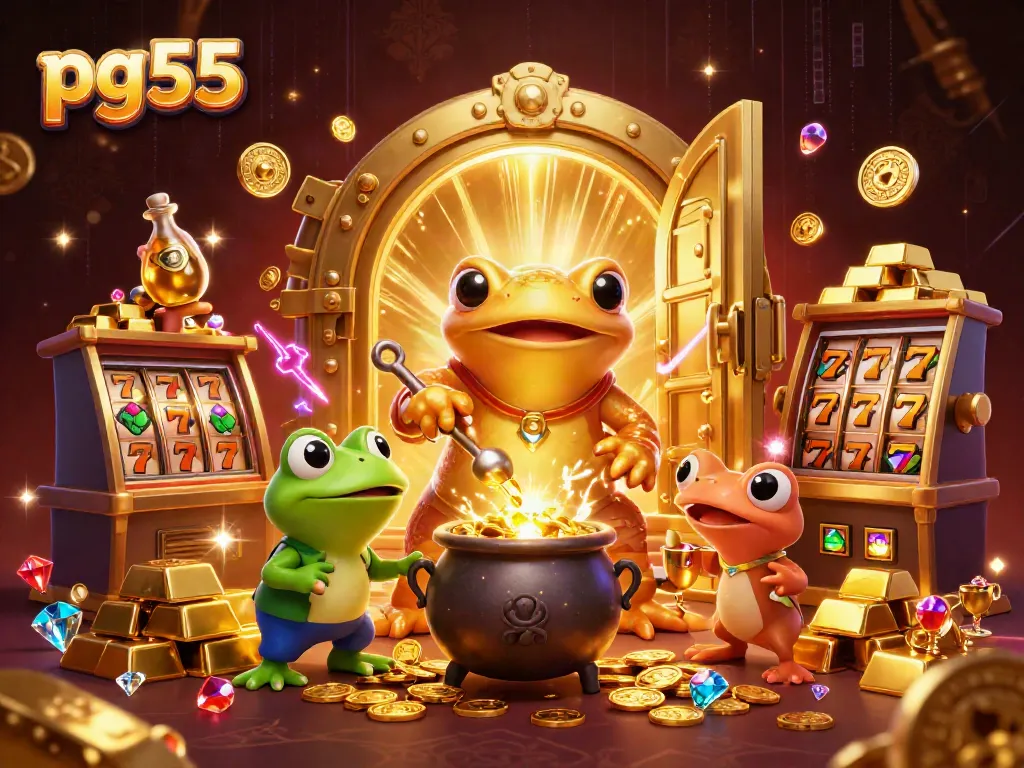 Experience the excitement of pg55 casino as unique characters transform metals into gold amidst vibrant casino elements.