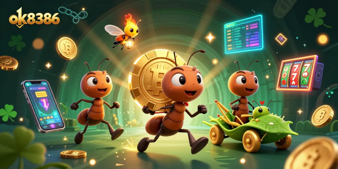 Experience the thrilling heist of ants transporting a golden poker chip with ok8386 amidst vibrant crypto elements.
