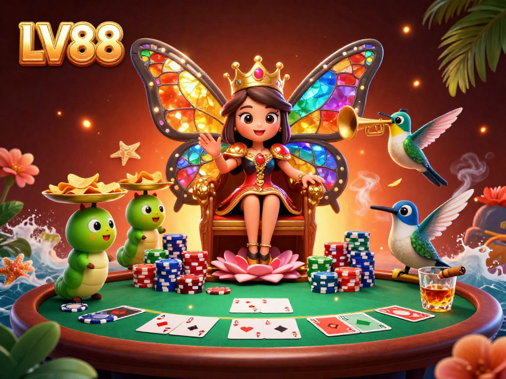 Experience excitement with LV88, a vibrant scene showcasing a butterfly queen surrounded by poker elements.